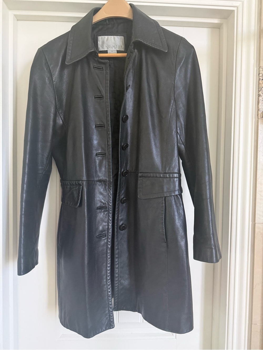 Nine West Black Leather Button-Front Coat with Flap Pockets